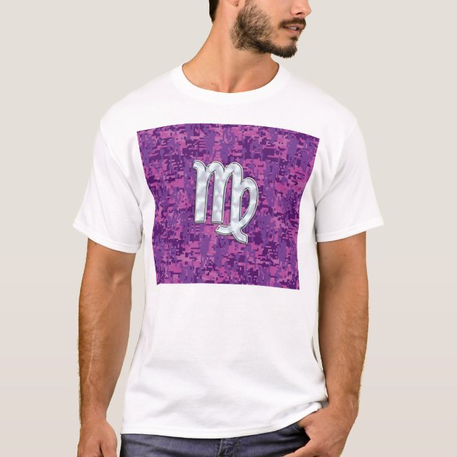 T-shirts Símbolo Virgo Zodiac na Camuflagem Digital Rosa (Frente)