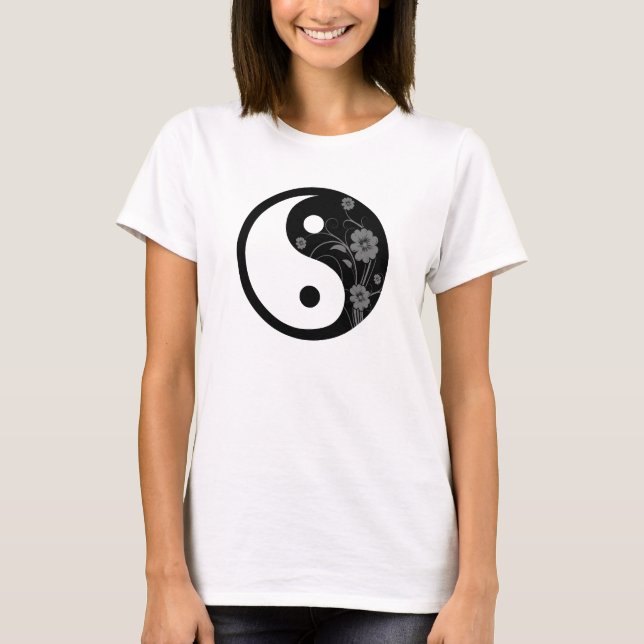 T-shirts Símbolo Yin Yang Black Floral (Frente)