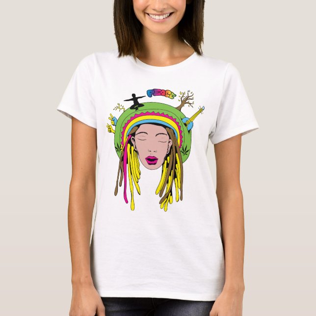T-shirts Sinal de paz ~ 60 anos Hippie Girl Tie Dye (Frente)
