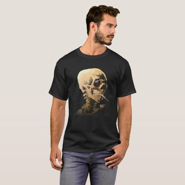 T-shirts Skeleton with Burning Cigarette - Van Gogh (Frente Completa)