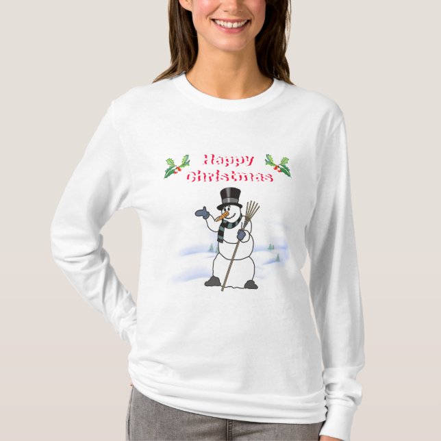 T-shirts Snowman de Natal com tophat e cachecol (Frente)