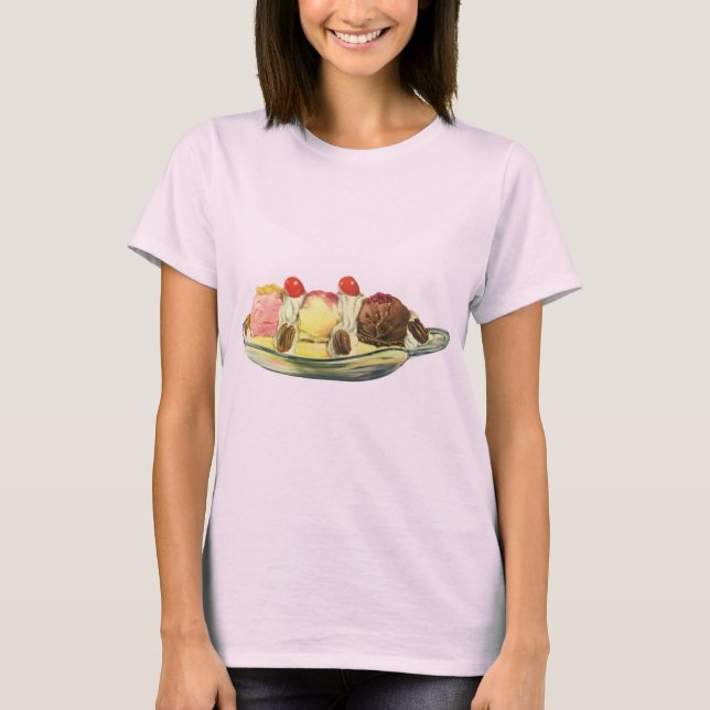 T-shirts Sobremesas de comida antiga, cerejas de banana spl (Frente)