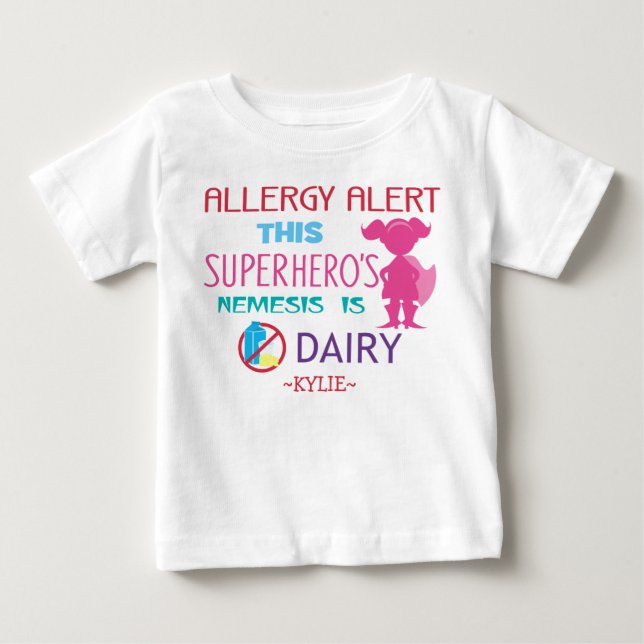 T-shirts Super-heróis Meninas Alerta para Alergia à Caseína (Frente)