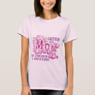 T-shirts Super Mãe, decorativa, cor-de-rosa e púrpura, no