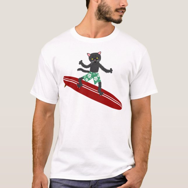 T-shirts Surfista de Longboard do gato preto (Frente)
