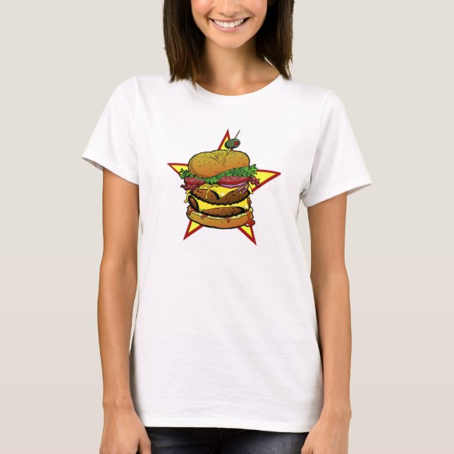 T-shirts T do cheeseburger das senhoras (Frente)