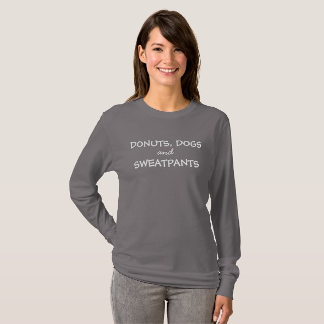 T-shirts T longo da luva dos cães, das rosquinhas & do (Frente Completa)