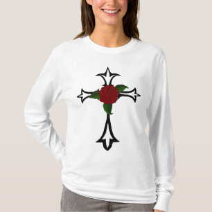 T-shirts Tatuagem Tribal Cruzada Com Uma Rosa vermelha