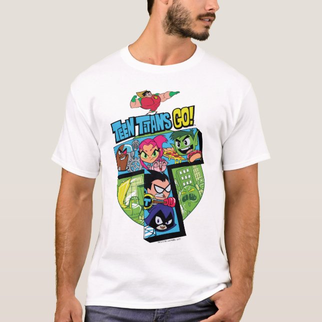 T-shirts Teen Titans Go! | Colagem em Torre de Titãs (Frente)