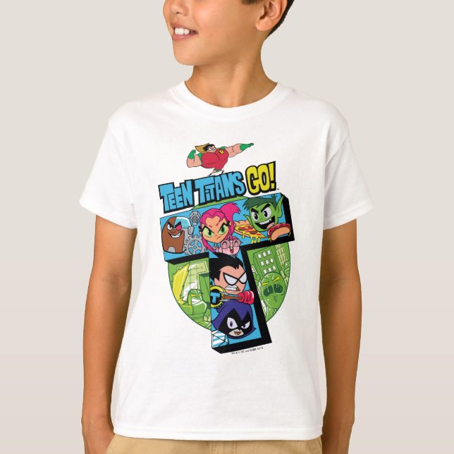 T-shirts Teen Titans Go! | Colagem em Torre de Titãs (Frente)