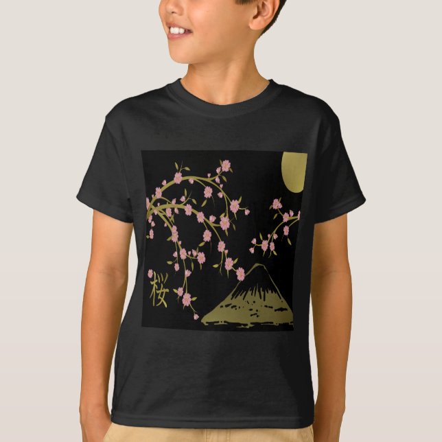 T-shirts Tela Dourada Black Japonesa Rosa Sakura (Frente)