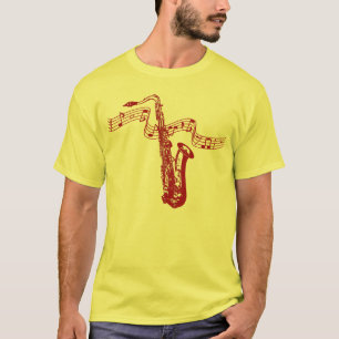 T-shirts Tema Musical Saxofone Vermelho Notas Vermelhas - C