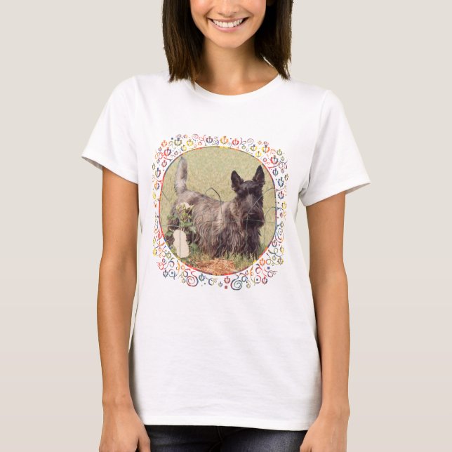 T-shirts Terrier Escocês Brindle com Rosas (Frente)