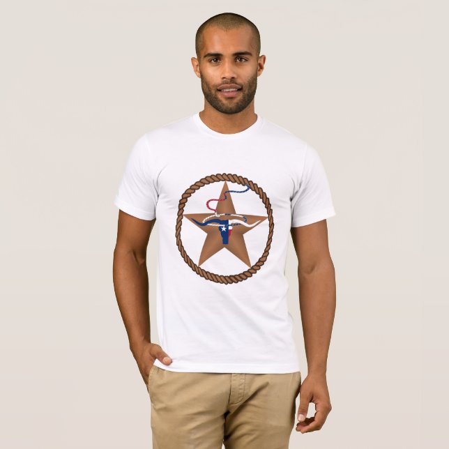 T-shirts Texas Flag Steer Head Com Corda E Estrela (Frente Completa)