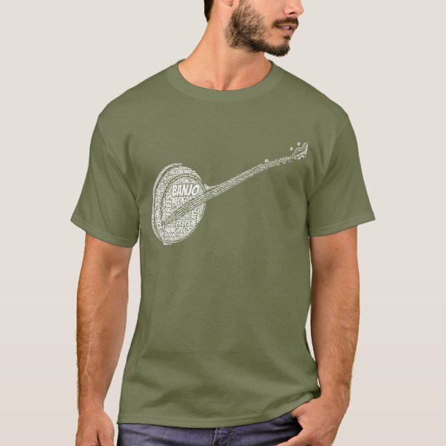 T-shirts Texto Branco de Arte em Forma de Banjo (Frente)