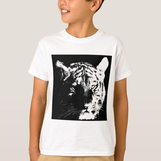 T-shirts Tigre Pop de Arte Preto e Branco (Frente)