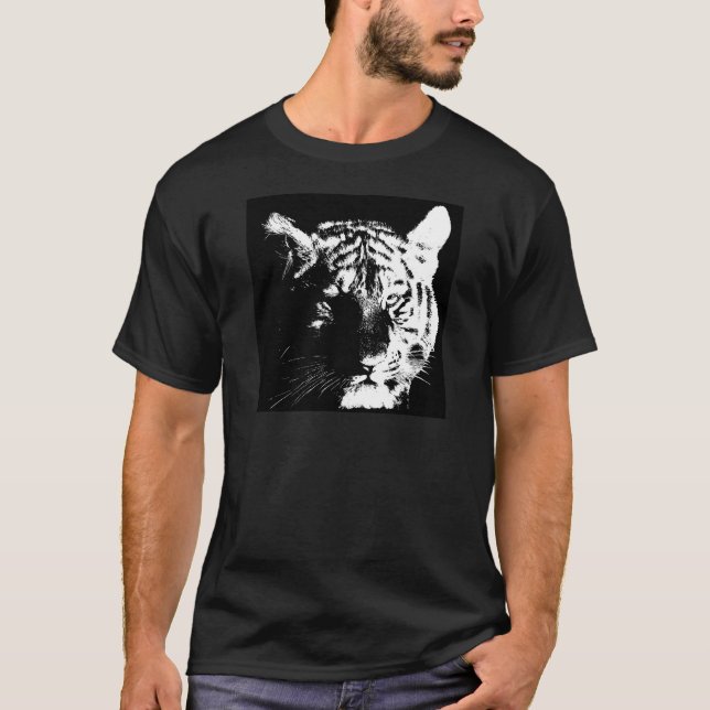 T-shirts Tigre Pop de Arte Preto e Branco (Frente)