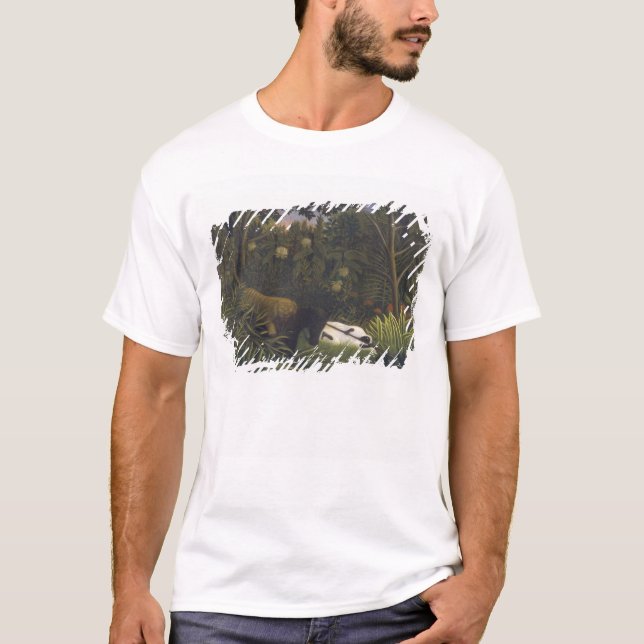 T-shirts Tigre que ataca um cavalo e um homem negro de sono (Frente)