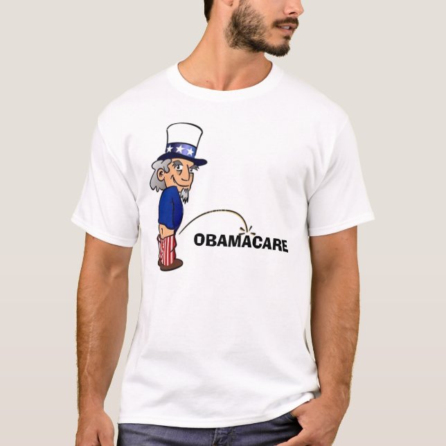 T-shirts Tio Sam que faz xixi em Obamacare (Frente)