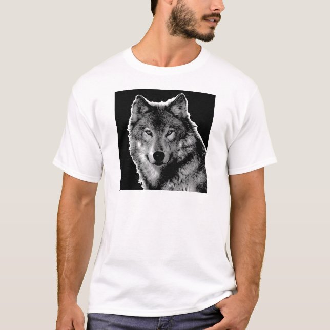 T-shirts Trabalho de arte do Lobo Negro e Branco (Frente)