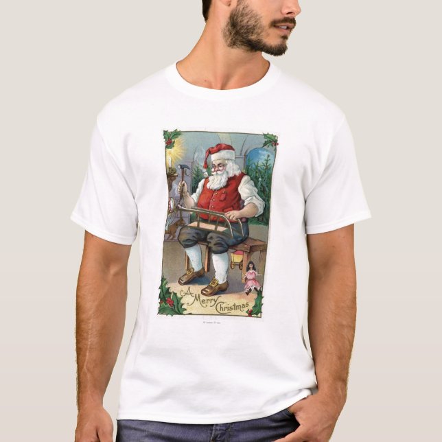 T-shirts Trenó da construção de GreetingSanta do Natal (Frente)