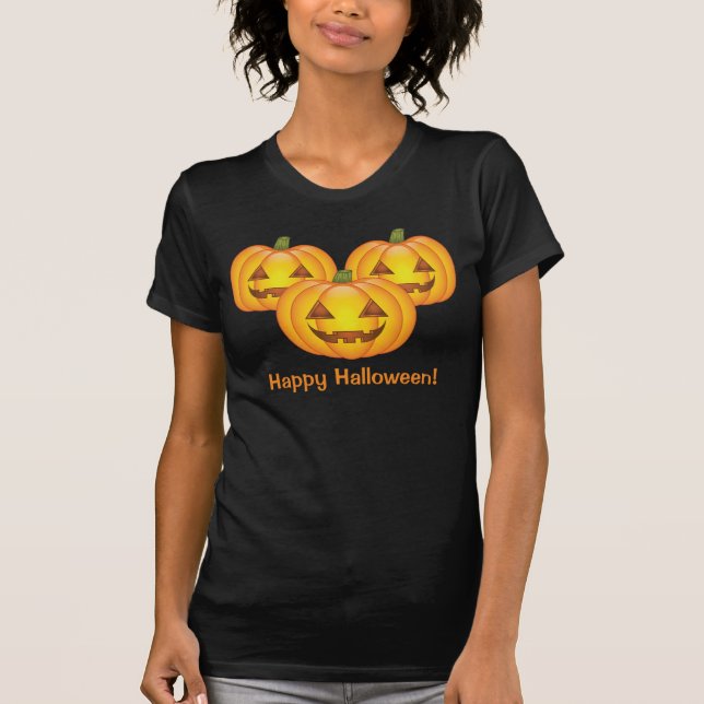T-shirts Três Abóboras Bonitas Com Texto Feliz De Halloween (Frente)