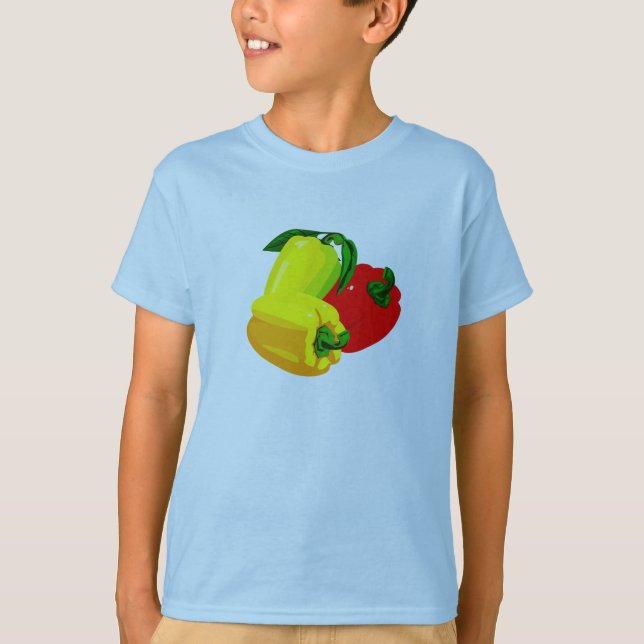 T-shirts Três pimentos com a cor vermelha verde (Frente)