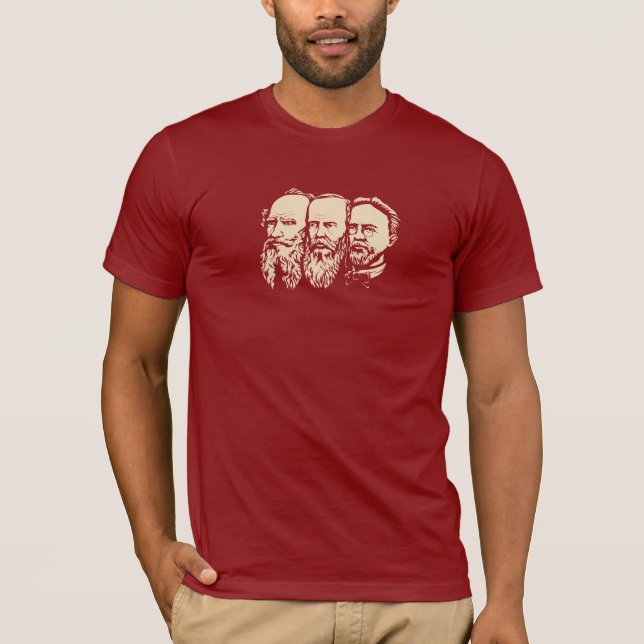 T-shirts "troikca" do russo: Tolstoy, Dostoevsky, Chekhov (Frente)
