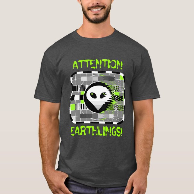 T-shirts TV alienígena 'ATENTION EARTHLINGS!' cinza básica  (Frente)