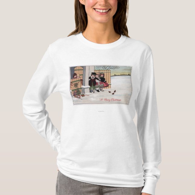 T-shirts Um ChristmasKids alegre pela cerca (Frente)