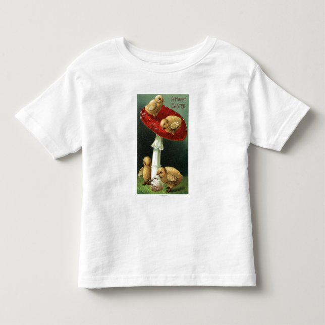 T-shirts Um EasterChicks feliz no cogumelo vermelho (Frente)