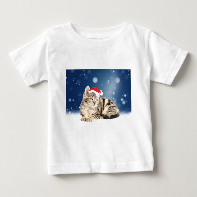 T-shirts Um gato bonito vestindo o Papai Noel vermelho e a  (Frente)