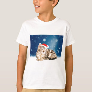 T-shirts Um Gato Fofo vestindo chapéu de Papai Noel vermelh