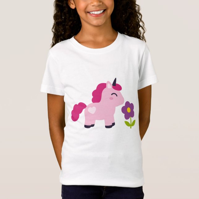 T-shirts Unicórnio Cor-de-Rosa Bonito com Flor (Frente)