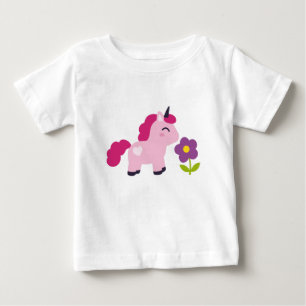 T-shirts Unicórnio Rosa Fofo com uma Flor