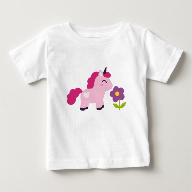 T-shirts Unicórnio Rosa Fofo com uma Flor (Frente)