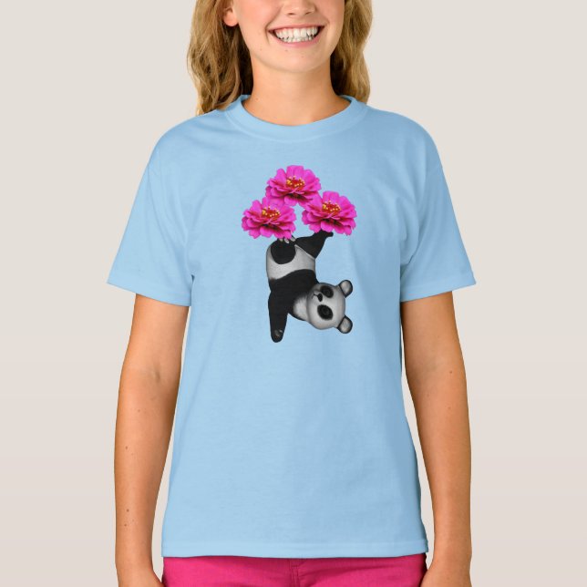 T-shirts Urso Panda E Flores De Zinnia Rosa (Frente)