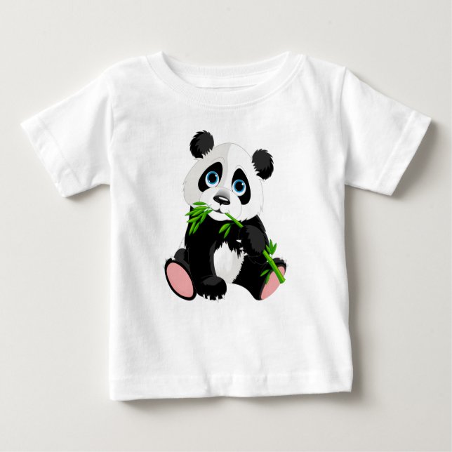T-shirts Urso-Panda Negro e Branco Comendo Bambu Verde (Frente)