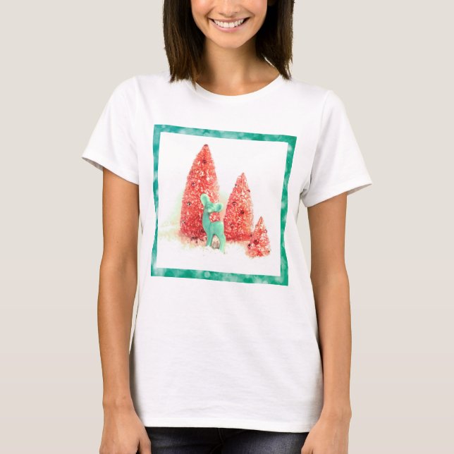 T-shirts Veado de Natal com Quadro Aqua (Frente)