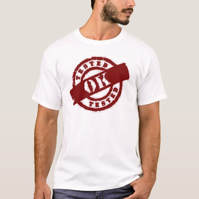 T-shirts vermelho aprovado testado selo (Frente)