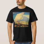 T-shirts Vintage Cowboys, Open Range de Maynard Dixon<br><div class="desc">Open Range (1942), de Maynard Dixon, é uma pintura típica da paisagem das belas artes nos Estados Unidos. Um fazendeiro de vaqueiro cavalgando seu cavalo nas planícies do sudoeste. Ele está pastoreando suas vacas, touros e gado na pradaria. Grandes nuvens brancas enchem o céu sobre os campos de fazenda abertos...</div>