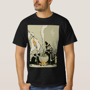 T-shirts Vintage Halloween, Bruxa com Cauldron e Gatos