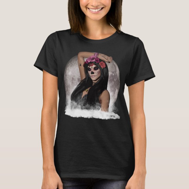 T-shirts Visão de Crânio de Açúcar Olhos Roxos sob Lua Chei (Frente)