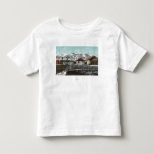 T-shirts Vista da cidade e da montanha após uma neve do