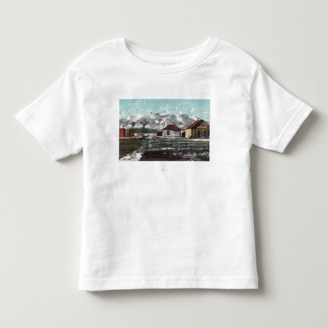 T-shirts Vista da cidade e da montanha após uma neve do (Frente)