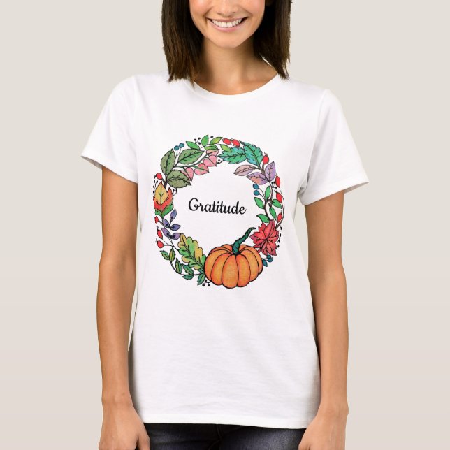 T-shirts Watercolor Belo Pumpkin Wreath com folhas (Frente)