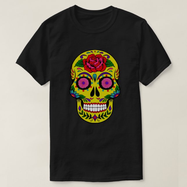 T-shirts Yellow Sugar Skull Dia de los Muertos (Frente do Design)