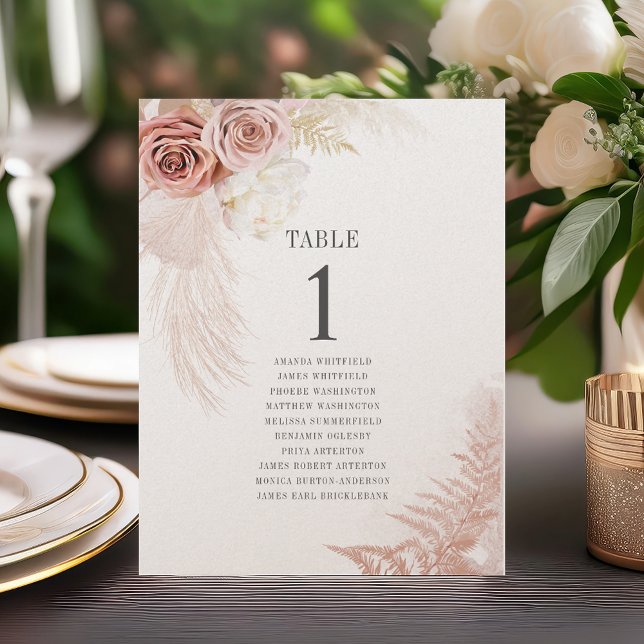 Tabela de Graus Pampas Número 1 Gráfico de Casamen (Pampas Grass Table Number 1 Wedding Seating Chart)