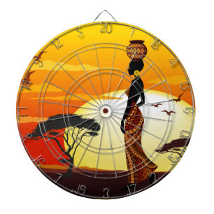 Tabla Dardos A linda mulher africana Silhouette sobre os sóis a
