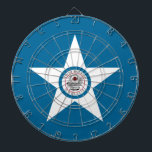 Tabla Dardos Bandeira de Houston, Texas Dartboard With Dart<br><div class="desc">Quadro de bordo com bandeira de Houston, Texas; bandeira azul com selo de Houston numa estrela branca, com ilustração de um comboio</div>